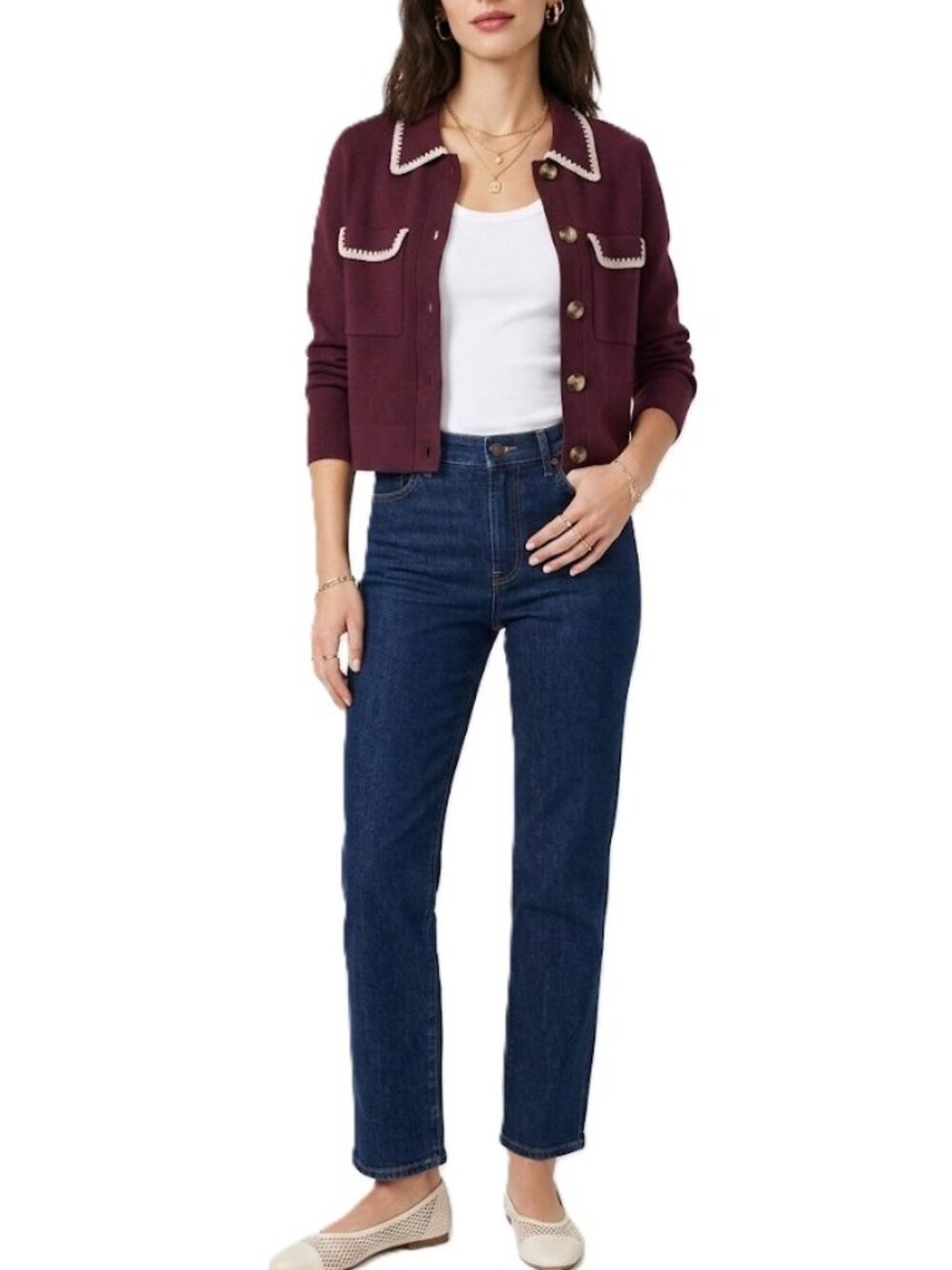 JOIE Cropped Knit Cardigan Small Burgundy Cream French Girl NWT